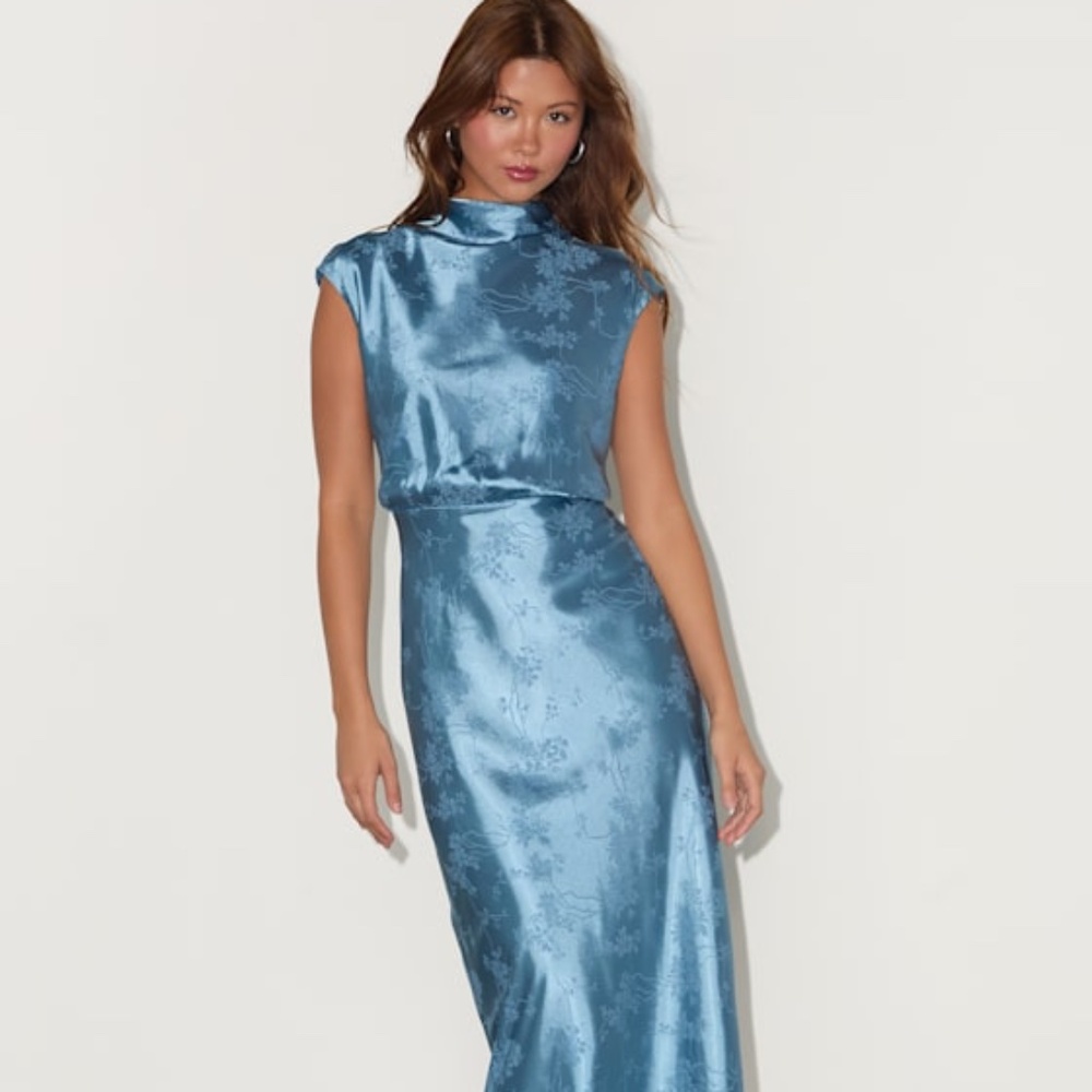 Lulus Gia Slate Blue Satin Jacquard Cutout Midi Dress - Size M